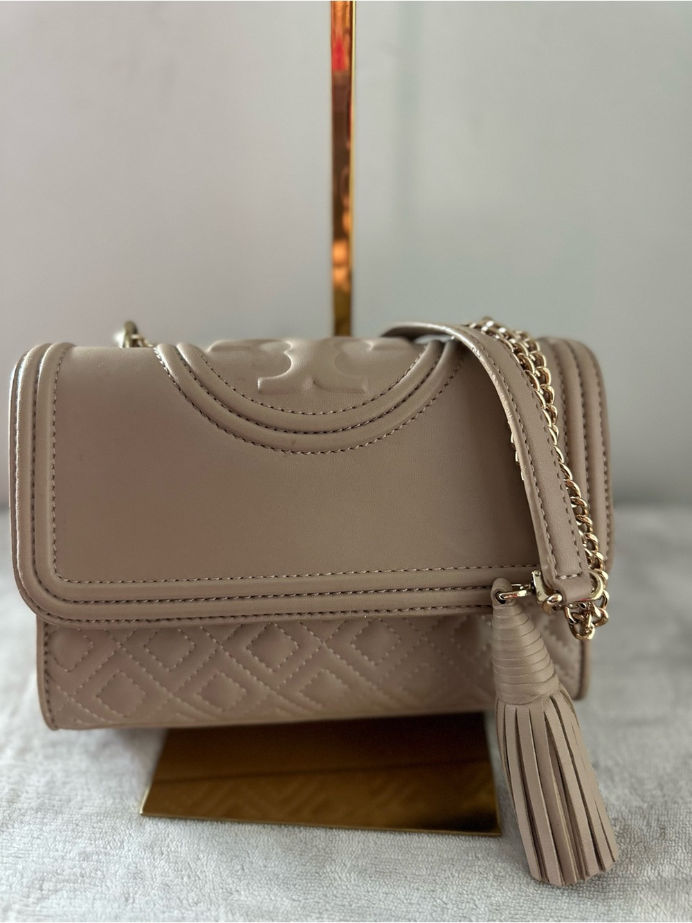 Neutral Taupe Quilted Leather Shoulder Bag with Tassel